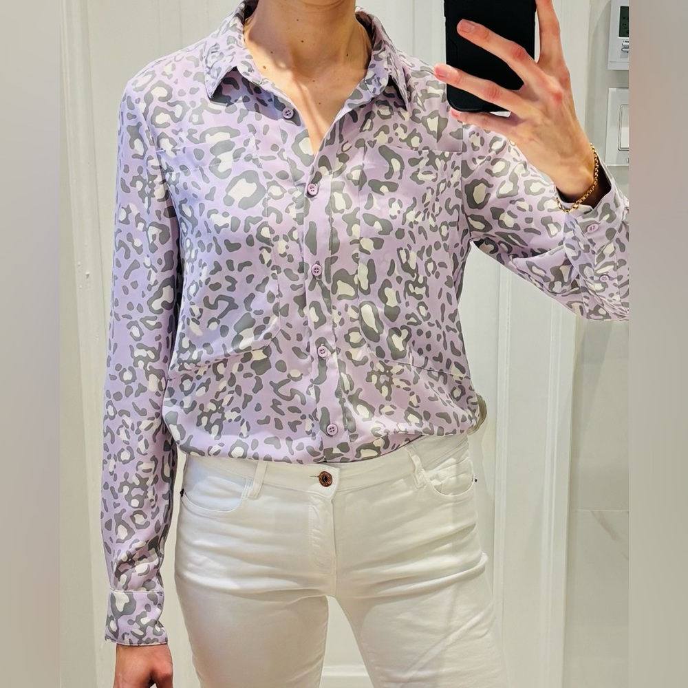 Danier Purple Leopard Print Long Sleeve Button Down Shirt